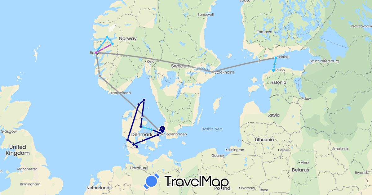 TravelMap itinerary: driving, plane, train, boat in Denmark, Estonia, Finland, Norway, Sweden (Europe)