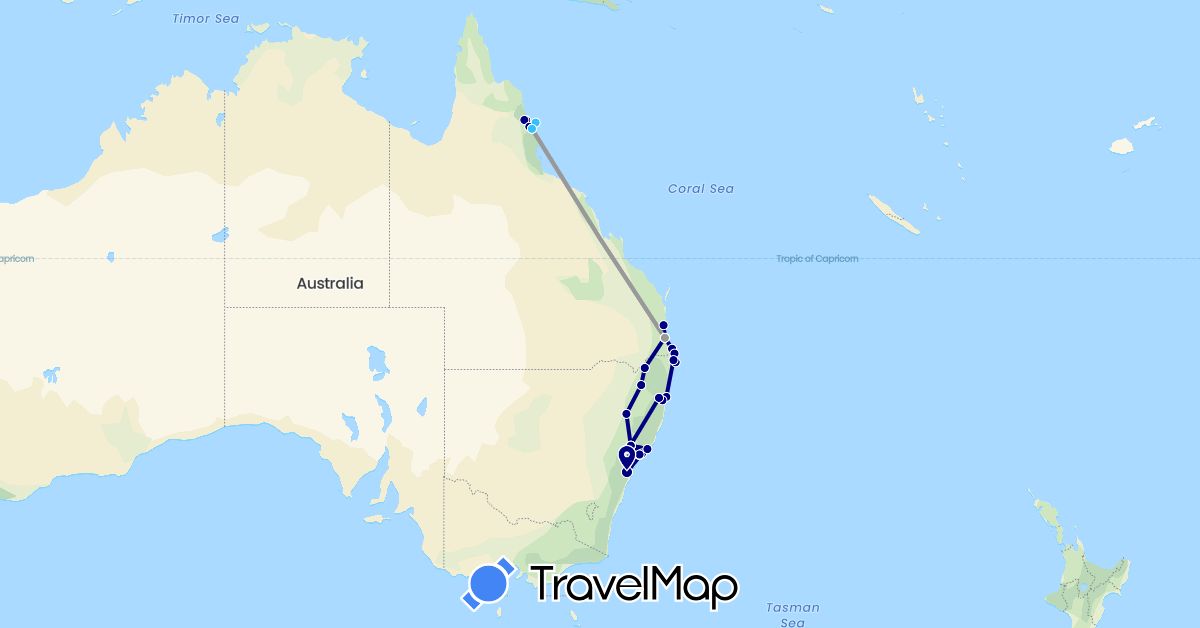 TravelMap itinerary: driving, plane, boat in Australia (Oceania)